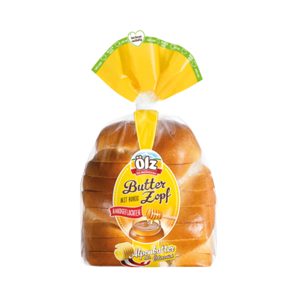 Oelz Butterzopf mit Honig, handgeflochten, geschnitten, 235g